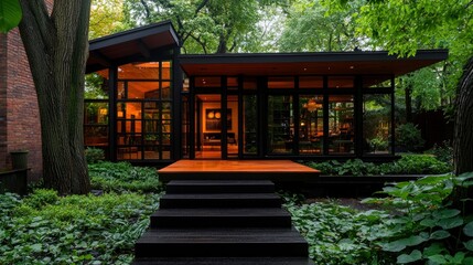 Exterior view of a modern house with large glass windows, a wooden deck, and a lush green garden. The house has a contemporary design and is surrounded by trees