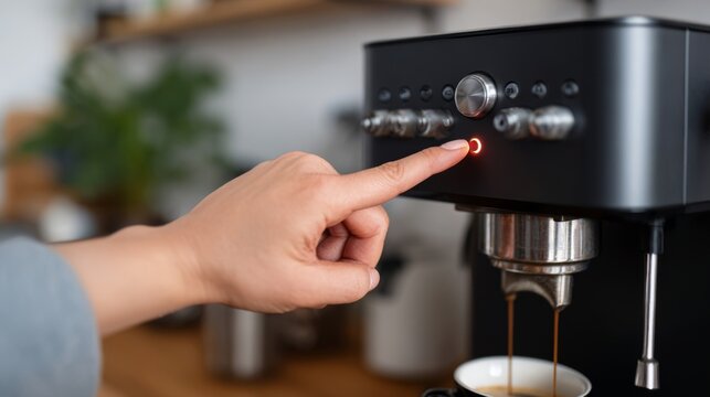 Close-up of a hand pressing the button on a modern espresso machine, brewing a fresh cup of coffee.