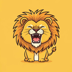 Fototapeta premium A cute cartoon lion with a big mane and an open mouth, sitting against a yellow background.