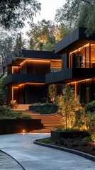 A modern, multi-level luxury home with warm lighting at dusk, showcasing a grand entrance, landscaping, and a curved driveway.