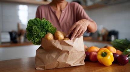 A woman of Hispanic descent sorting fresh vegetables from a paper bag in a bright kitchen, emphasizing healthy eating.