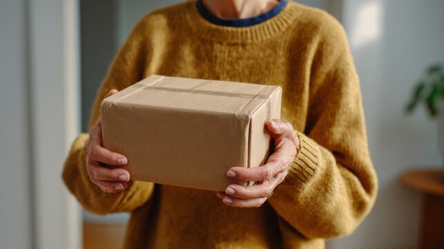 A female presenting person holding a brown cardboard package, dressed in a cozy mustard sweater, indoors with warm sunlight.