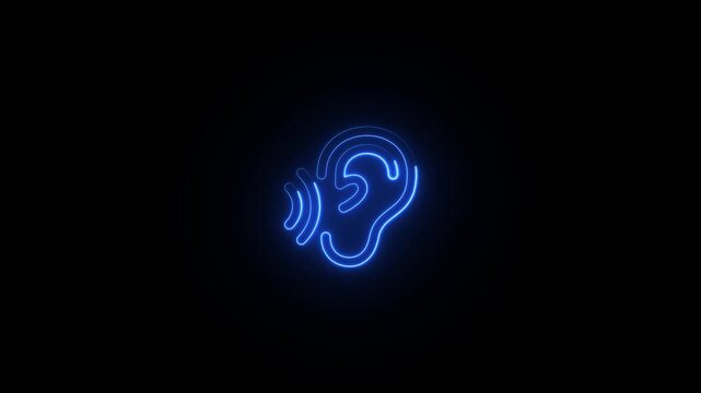 Neon blue ear and sound wave icon on black background symbol