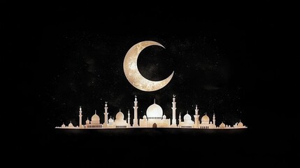 Silhouette of a mosque with a crescent moon in a night sky. The image evokes a sense of peace and spirituality.