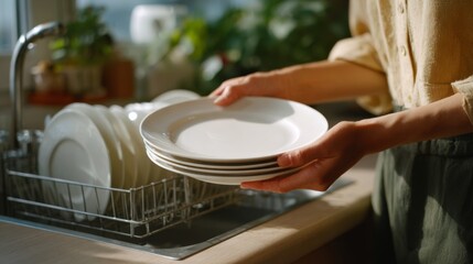 A woman in a cozy kitchen carefully arranges clean white plates from the dishwasher, showcasing her meticulous home care.