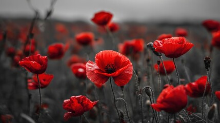 Obraz premium Vibrant red blossoms contrast sharply against a muted monochrome field background