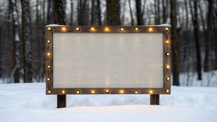 Christmas wood sign board with glowing lights stands in snowy winter forest, creating festive and inviting holiday atmosphere outdoors