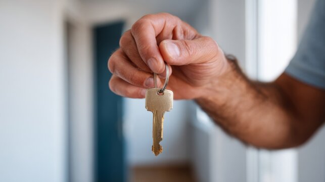 A close-up of a person’s hand, belonging to a Middle-Eastern male, holding a house key with a golden finish.