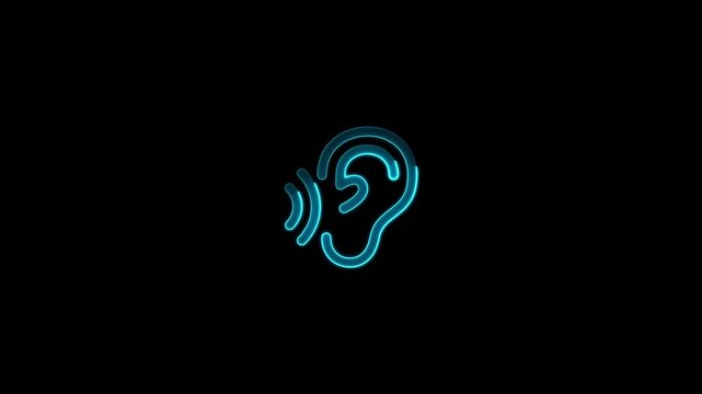 Neon cyan ear and sound wave icon on black background symbol