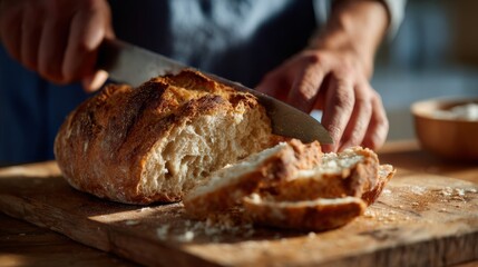A person slicing freshly baked artisanal bread on a wooden cutting board in warm, inviting light.