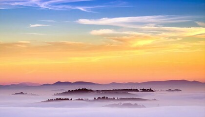 A scenic landscape featuring mountains, fog, and a vibrant sunset sky. The image captures a serene and colorful natural environment.