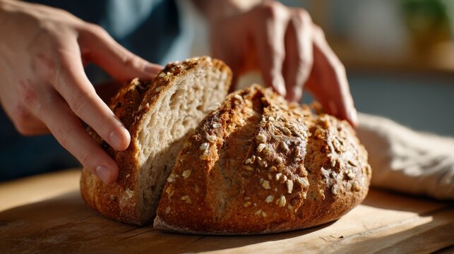 Hands slicing freshly baked whole grain bread on a wooden cutting board.