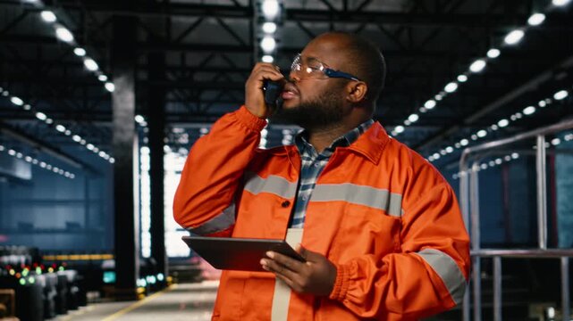 African american professional worker using walkie talkie radio in industry plant, reinforcing communication needed to manage production, fabrication and assembly tasks. Safety vest. Camera B.