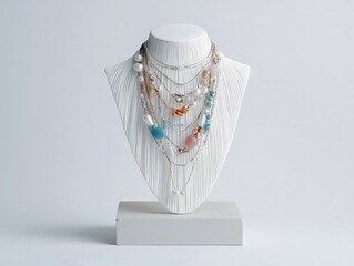 A collection of necklaces displayed on a white mannequin against a white background, studio lighting.