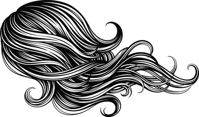Detailed Black and White Vector Illustration of Long, Flowing Wavy Hair with Curls, Ideal for Beauty Salon Logos, Hair Care Products, and Elegant Fashion Design Graphics