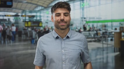 Man holds wrapped gift box near face in busy airport terminal while smiling at camera; joy anticipation celebration.