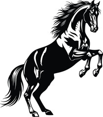 Detailed Black Silhouette Vector Illustration of a Wild Horse Rearing Up on its Hind Legs, Ideal for Equestrian Logos, Power Symbolism, Masculine Graphics, and Racing Design Content