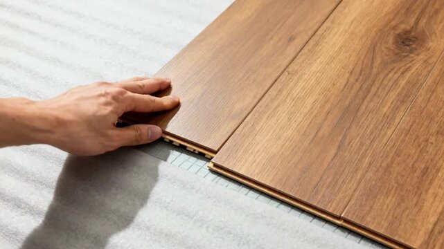 Floating laminate flooring being aligned manually with visible underlayment beneath emphasizing the easy and versatile installation technique.