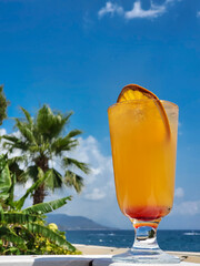 Refreshing orange cocktail on beach table with palms, sea and blue sky on background. Vertical, hero view, copy space