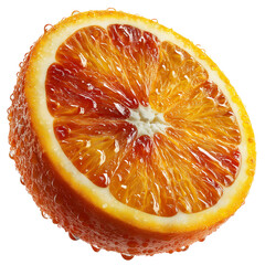 Fresh blood orange half with juicy pulp and water droplets close up view isolated on transprint background