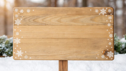 Christmas wood sign board with snowflake decoration on snowy background, festive winter scene with empty wooden board for holiday message