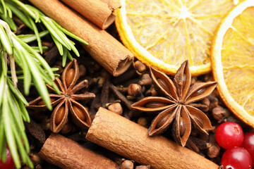 Different spices, fresh rosemary, cranberries and dry orange slices for mulled wine, closeup
