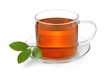 Cup of hot tea and green leaves isolated on white