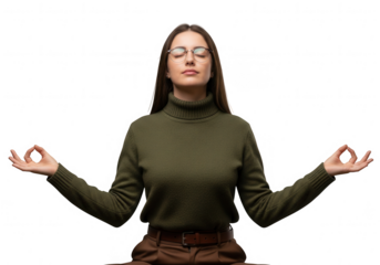 Woman Meditating with Eyes Closed and Hands in Mudra Pose.