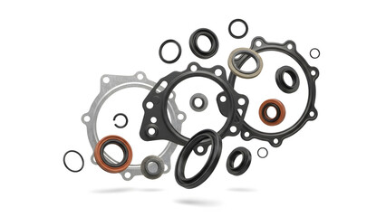 Automotive Parts Assembly: A collection of various automotive parts, including gaskets and seals, arranged in a visually appealing display, perfect for illustrating maintenance and repair.