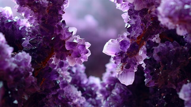 Close-up of a cluster of amethyst crystals, showcasing their purple color and natural formation. The image is lit with soft lighting, highlighting the details a
