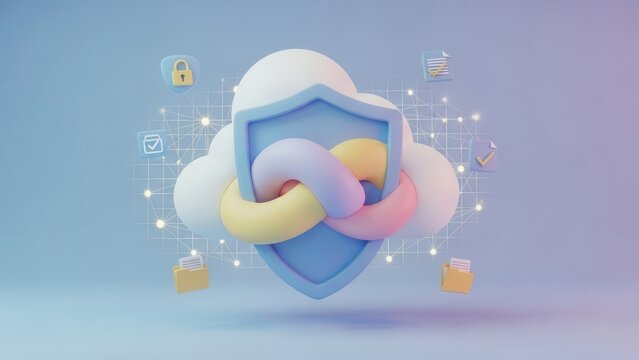 Abstract illustration of cloud security data with shield and connection on pastel background