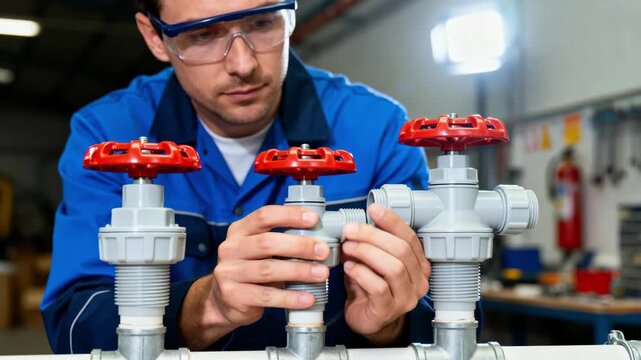 Closeup of a technician inspecting modern plastic sprinkler components in a commercial fire suppression system upgrade.