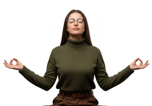 Woman Meditating with Eyes Closed and Hands in Mudra Pose. - Powered by Adobe