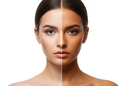 Woman Face Split Half Light and Dark Skin Tone Comparison.