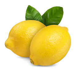 Fresh yellow lemons and green leaves isolated on white
