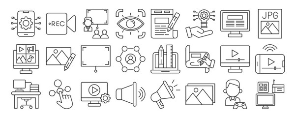 multimedia icon collection set. Containing video editing, content creation, image files, recording, communication, and digital design. vector line