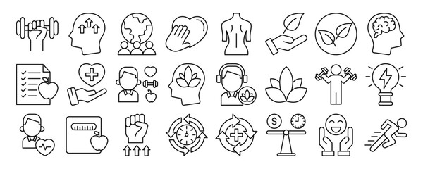 healthy living icon collection set. Containing wellness, mental health, fitness, meditation, healthcare, sustainability, self-improvement, balance, and healthy lifestyle. outline vector