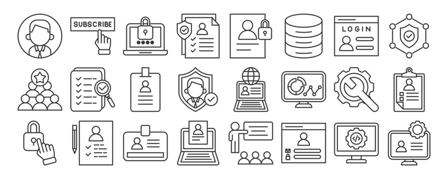 user account icon collection set. Containing security, user login, profile management, analytics, documents, and digital access elements. line illustration