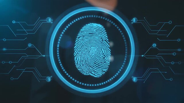 Blue fingerprint scan icon on virtual screen while finger scanning for security access with .