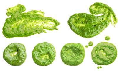 Set of fresh pesto sauce isolated on white, top view