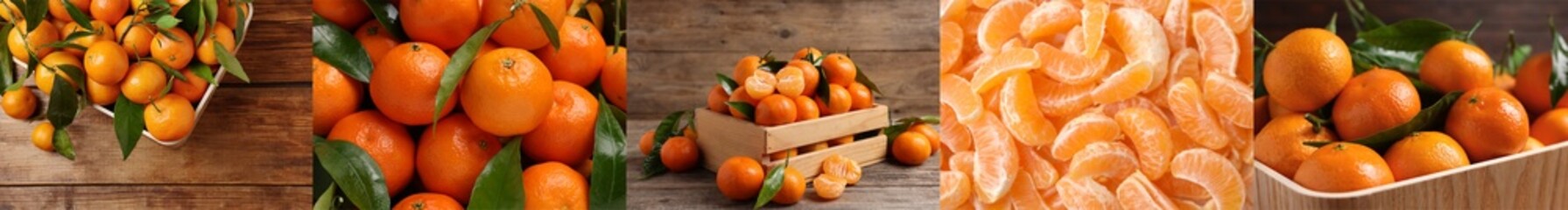 Collage with fresh tangerines, banner design. Citrus fruit