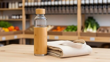 A reusable bamboo and glass water bottle and a folded, white cloth shopping bag are sitting on a light wooden table. 