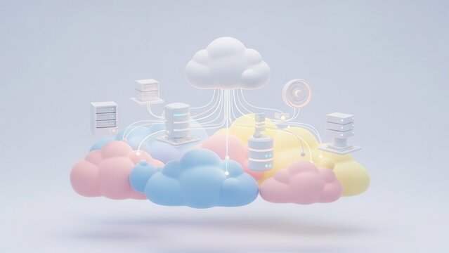 Pastel cloud computing network illustration depicting centralized data and servers