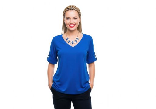 A confident woman in a blue top and black pants posing with hands in pockets.