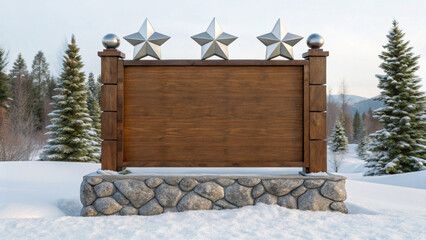 Christmas wood sign board with stars on top stands in snowy landscape surrounded by pine trees and mountains in winter morning light