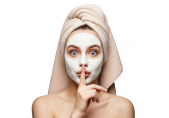 Young Woman With Face Mask And Towel On Head Making Shushing Gesture.