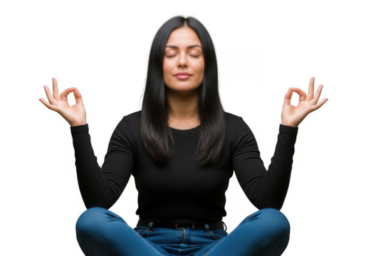 Young Woman Meditating in Lotus Position with Eyes Closed.