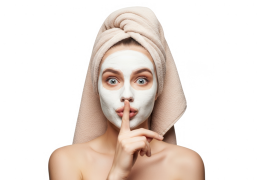 Young Woman With Face Mask And Towel On Head Making Shushing Gesture.