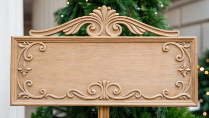 Christmas wood sign board with ornate carved design in front of green tree festive decoration outdoor holiday scene
