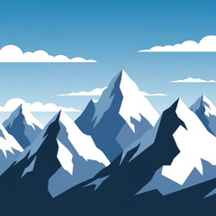 A graphic vector illustration of a majestic snow-capped mountain range under a blue sky with clouds.